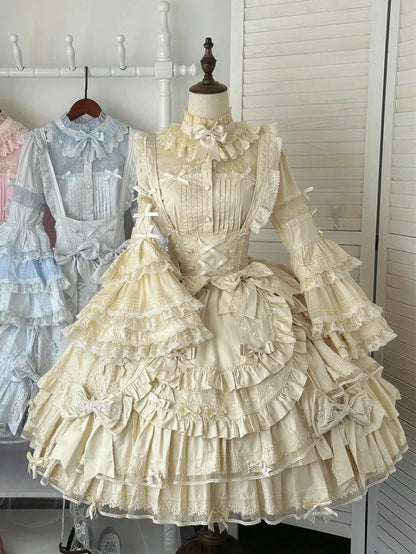 Akzentkleid Beige, mehrlagiger Saum unter Rüschen, süßes Lolita-Kleid mit Schleife an der Brust