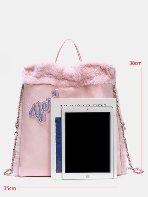 Fluffy Letter-Embellished Pink Backpack with Chain Straps and Holographic Star Accents