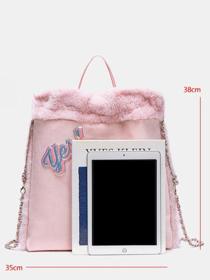 Fluffy Letter-Embellished Pink Backpack with Chain Straps and Holographic Star Accents