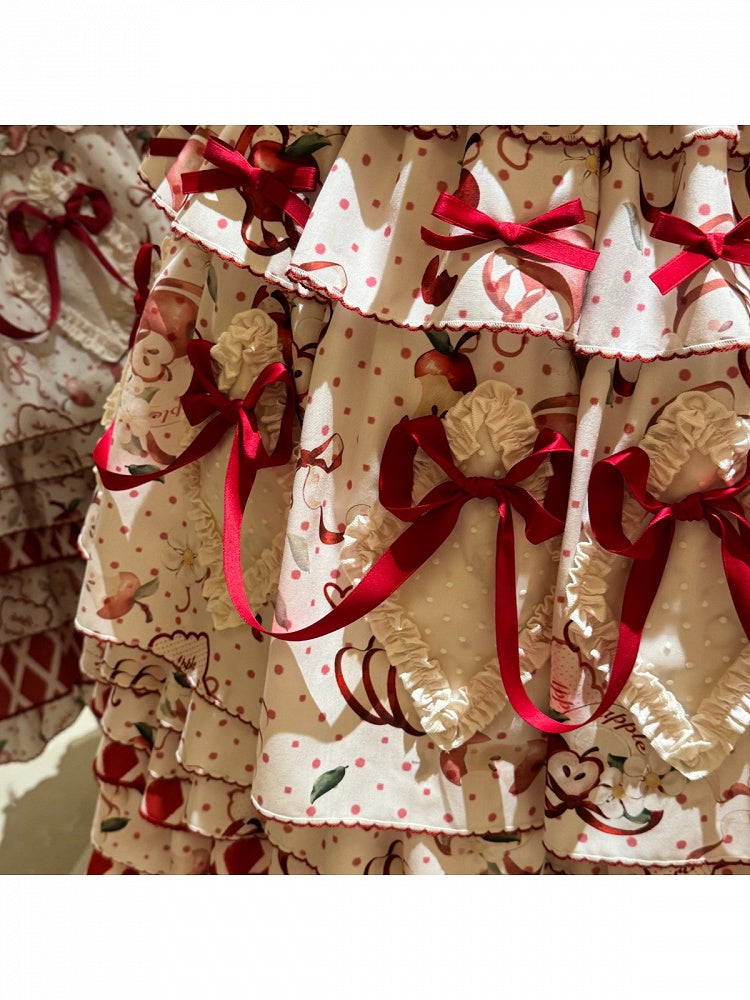 Cottagecore Red Apple Sleeveless Top Ruffle Bow Skirt Belt Set - A small milk candy