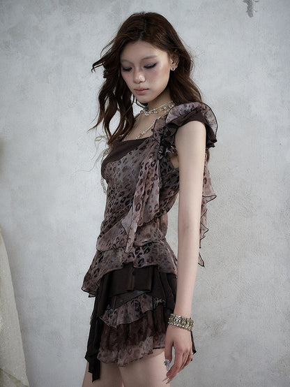 Brown Leopard Cowl-Neck Asymmetric Faux Two-Piece Dress - NO ROMANCE
