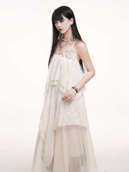 Slip Detail Rose with Dress Apricot Skirt Ankle-Length A-Line Multi-Layered