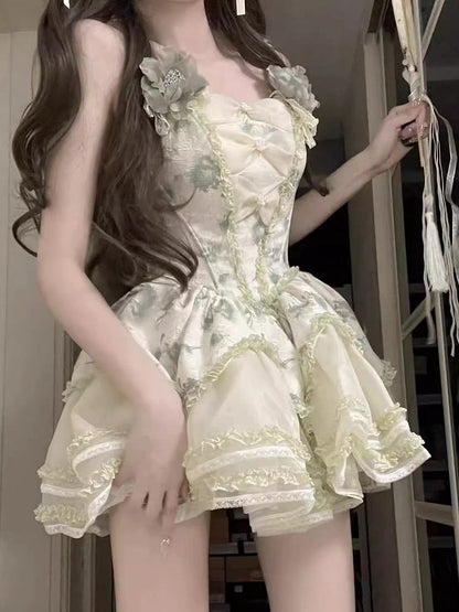 Layered Skirt Lace Green Trimmings Princess with Ruffles Floral-Print and Lolita Jumper