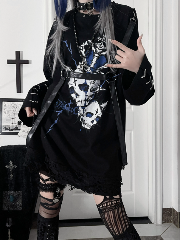 PU Subculture Print Top Heart with Straps Accents Chain Punk Blue Cuff Long-Sleeve Black