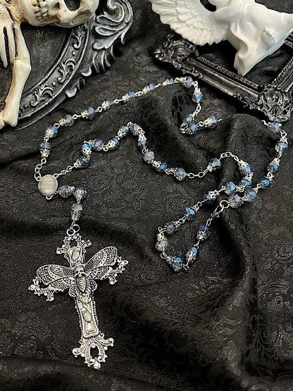 Two-Tone Gothic Cross Pendant Beaded Necklace