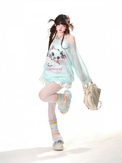 Sonnenschutz-Top mit asymmetrischem Ausschnitt und Kitty-Print, Weiß/Blau, halbtransparent