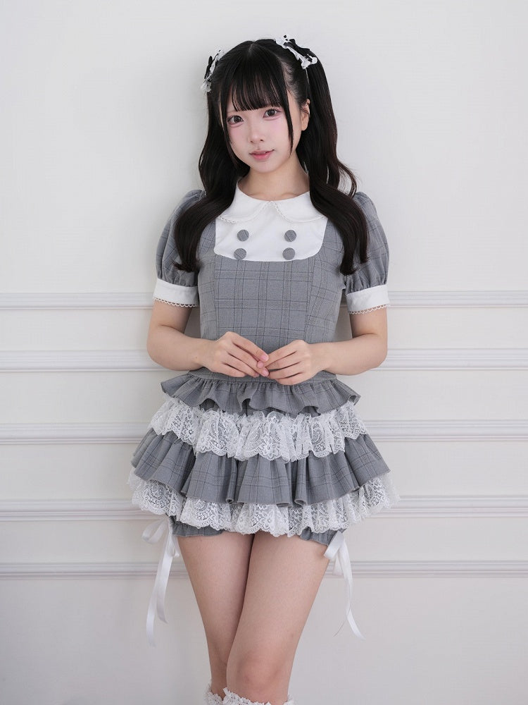 Gray Plaid Two-piece Set - Peter Pan Collar Top + Lace Ruffle Tiered Skirt - Landmine Style - No Genki