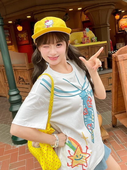 ホワイト ラウンドネック セーラーカラー プリント ゆったり かわいい Tシャツ