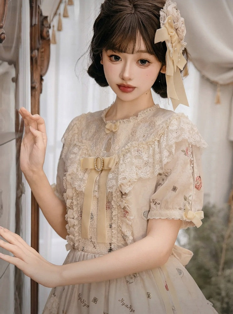 Beige Cat Print Round Neck Sweet Lolita Dress with Lace Trim - NyaNya