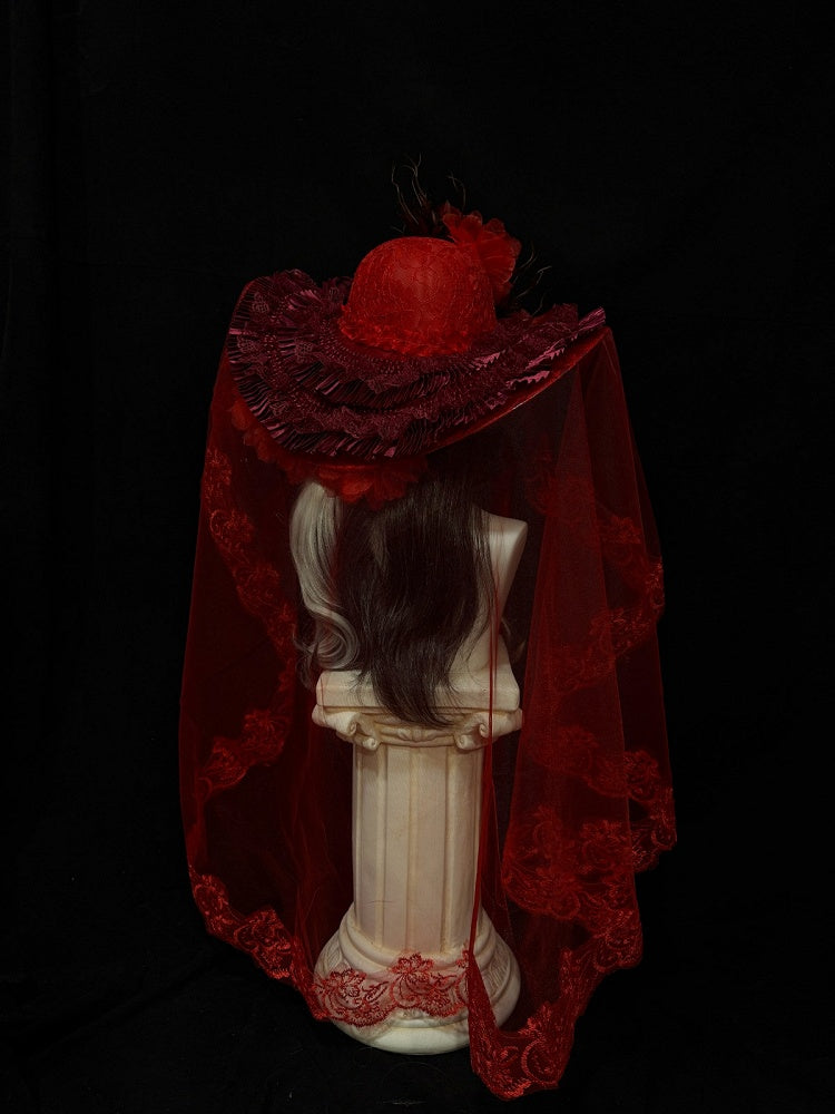 Red Gothic Floral Lace Lolita Hat with Long Veil - Custom Made Earrings