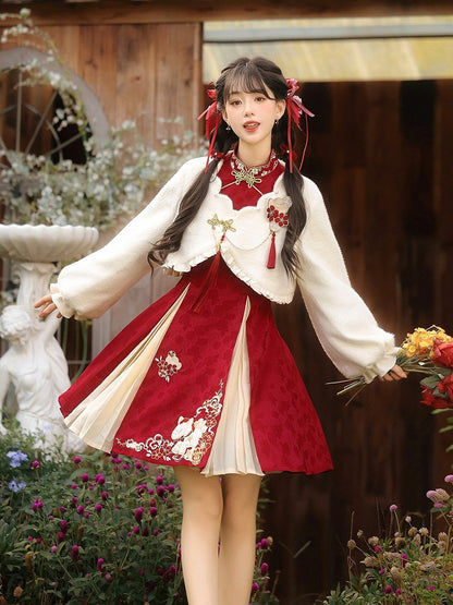 Red Floral Embroidered Chinese Dress with Plush White Top for Cold Seasons - Han Ru Chu Hanfu & Han-Element Studi