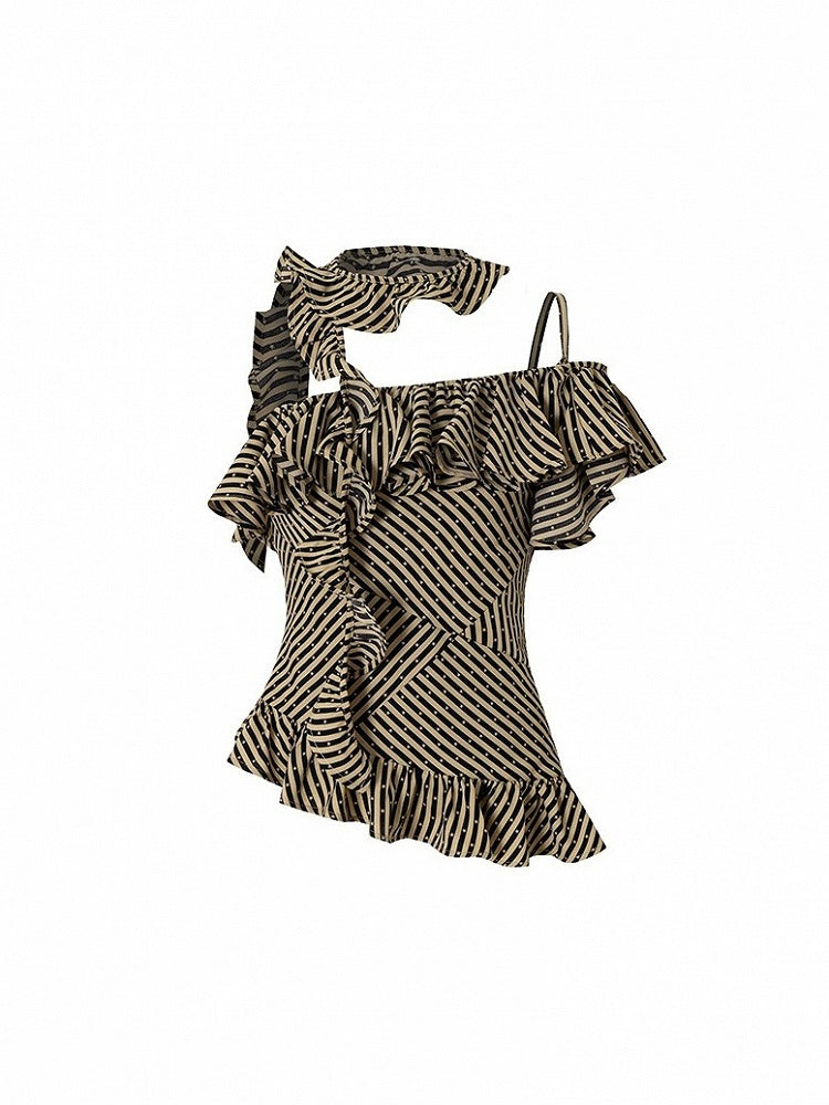 Cascading Top Khaki Asymmetrical Ruffles Star with Black Patterns Neckline Striped