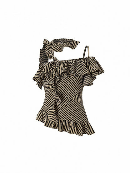 Cascading Top Khaki Asymmetrical Ruffles Star with Black Patterns Neckline Striped