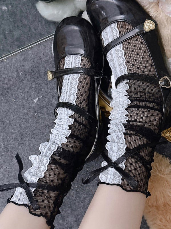 Bowknot Calf Socks With  Black/White Trim Details Lace Semi-sheer Polka-dot Pattern