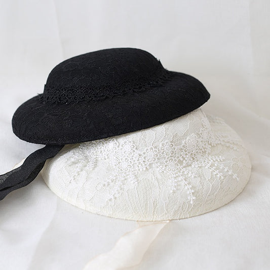 / Lolita Flat Black White Hat Vintage Linen