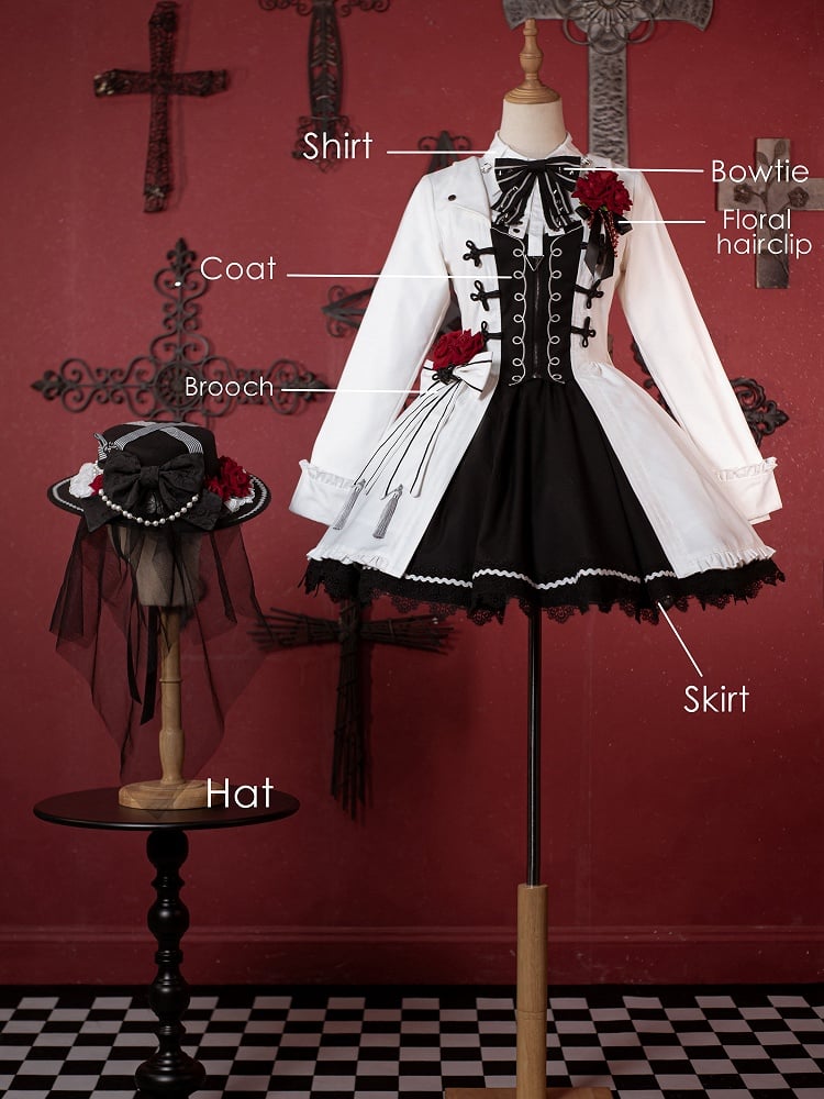 Accessories Shirt Gothic + Hat Long Sleeves Full Skirt Set Rose Lolita Coat
