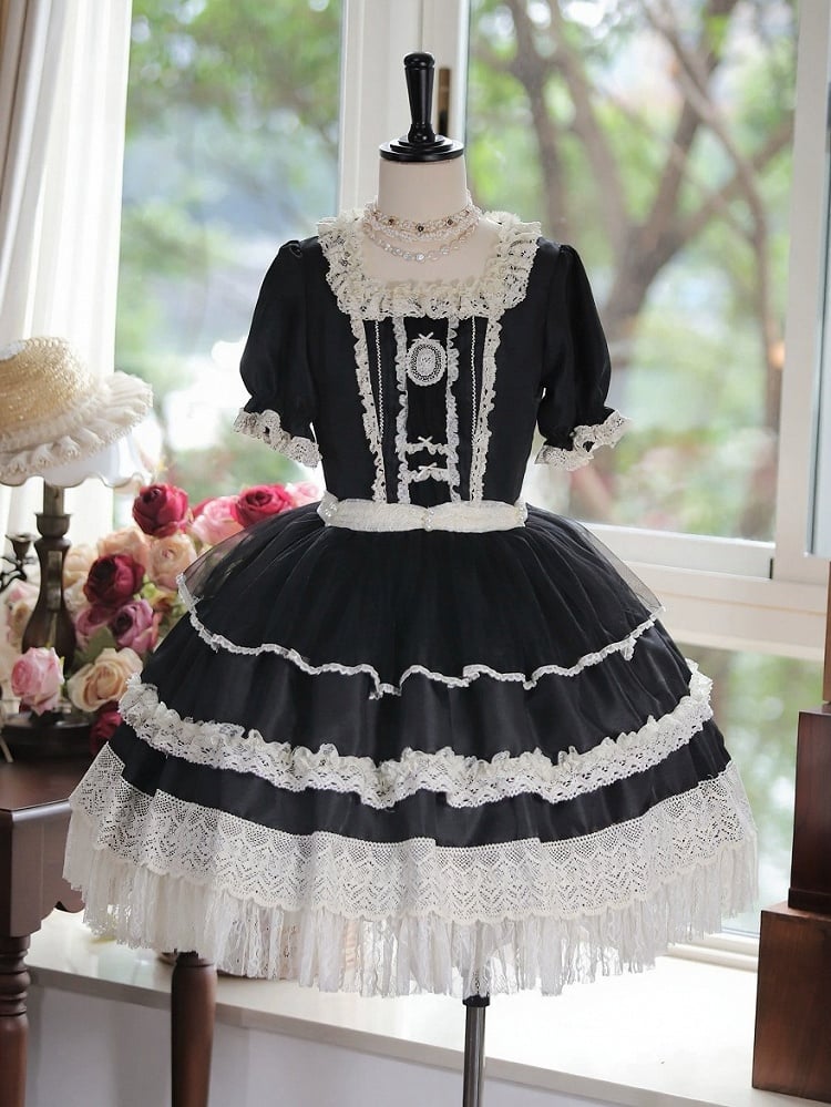 Black Square Neck Lace OP Dress with Bow - Tiny Garden