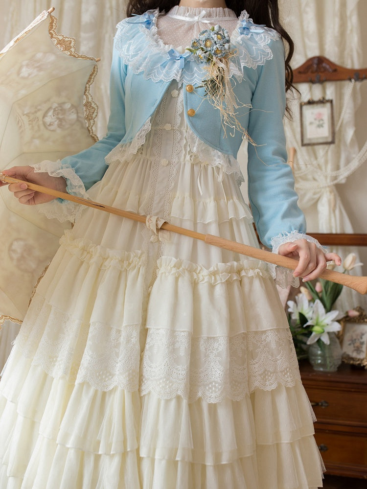 mit abgeschnittener Spitze Herbst Baby Lolita Blau Cardigan Schleife und Akzentbesatz