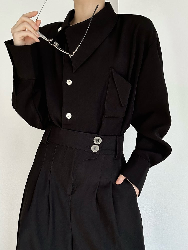 Black Fold-Over Buttoned Vintage Shirt Lolita Collar Placket Ouji with
