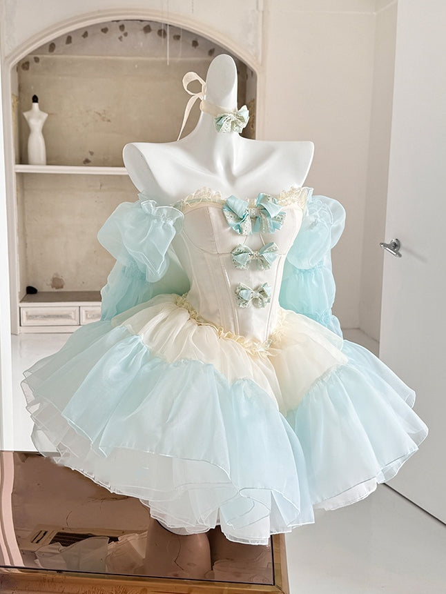 Grünes Mieder-Korsett-Oberteil mit Schleifenverzierung und bauschigem Rock, gelbes Balletcore-Set