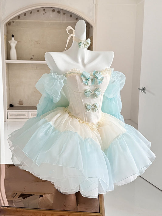 Grünes Mieder-Korsett-Oberteil mit Schleifenverzierung und bauschigem Rock, gelbes Balletcore-Set