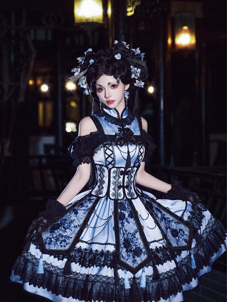 Blue and Black Elegant Cheongsam Collar Qipao Dress + Boned Corset Belt + Tassels Overlay Qi Lolita JSK Set