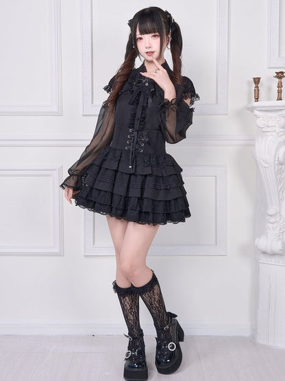 Spitze Lange Ärmel Chiffon Trim und Bluse Jirai Kei Schwarz Schulter Ausschnitt mit