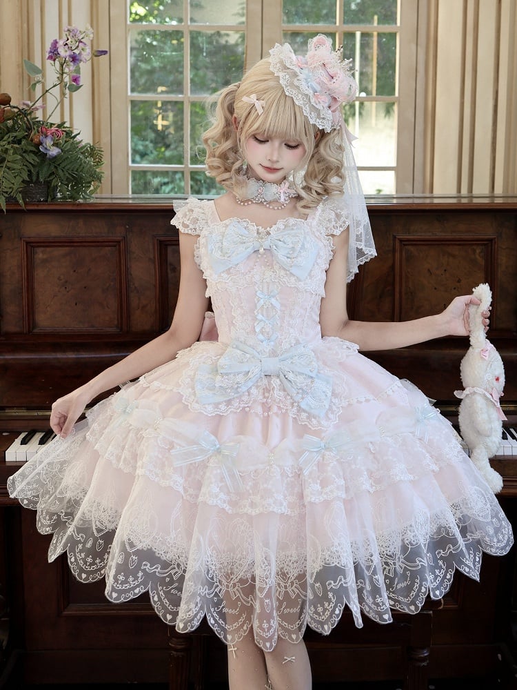 Pink Multi-Layer Lace Trim Lolita JSK with Bow and Bead Chain Decorations - White Sugar Girl
