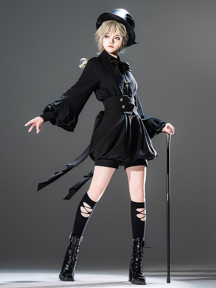 Ouji Schwarzes Lolita-Hemd mit langen Ärmeln und Fliege