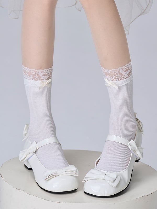 Cuff Pattern Calf with Vertical Bowknot Pink/White Decoration and Socks Lace Striped