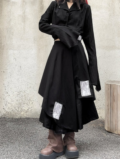 Black Notched Collar Bell Sleeves Punk Asymmetrical Shirt Appliques