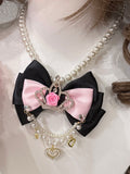 Rhinestone Beaded Heart Black/Pink Crown And Pendant Necklace Bowknot Decorated