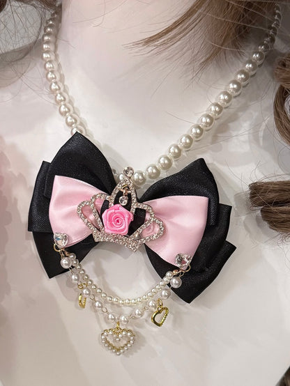 Rhinestone Beaded Heart Black/Pink Crown And Pendant Necklace Bowknot Decorated