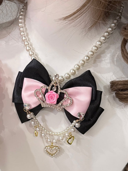 Rhinestone Beaded Heart Black/Pink Crown And Pendant Necklace Bowknot Decorated