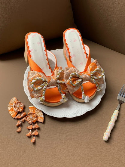 Orange Wa Lolita Clogs with Big Bow and Floral Accents - Aimee