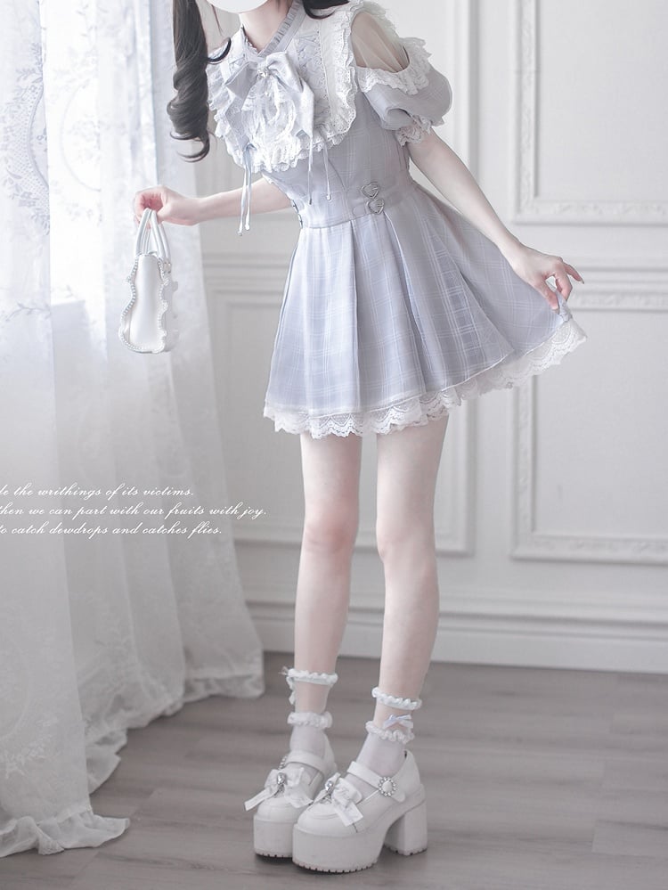 Shoulder Cutout Dress Dusty Blue Jirai Kei Plaid with