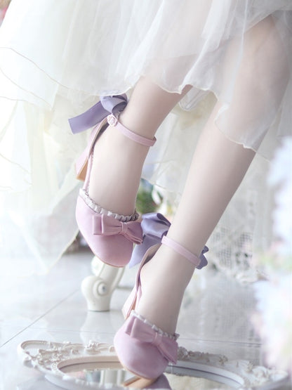 Ruffle Details Purple Mid Leather Pink Style Lolita Trim Heels Bow PU with for