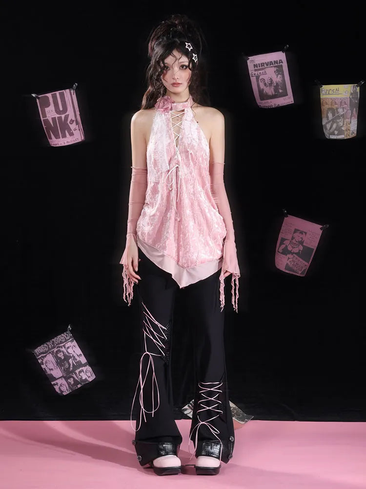 フレアディテール レースアップパンツ ブラック