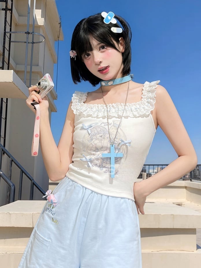 White Ruffled Square Neckline Anime Girl Print Sleeveless Top