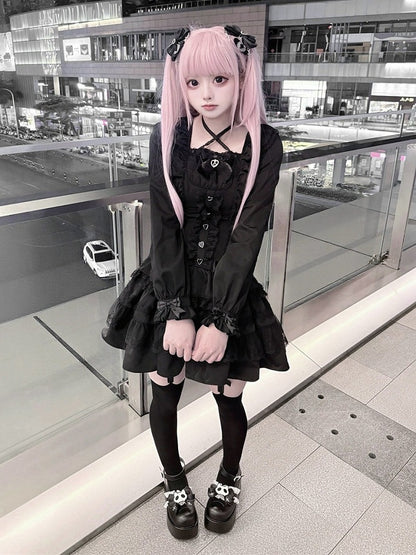 Jirai Kei Pure Black Halter-Neck Tiered Ruffle Dress with Bow Accents & Long Sleeves - Puppet Bombs