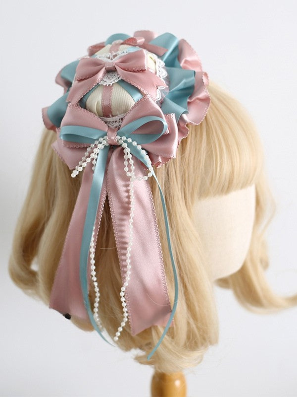 With PinkBlue Beaded Mini Lolita Hat Sweet Decorated Details Bowknot Clips