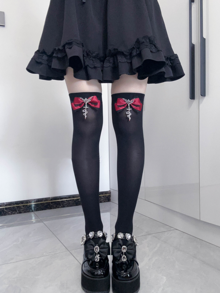 Stockings Accents Red Kei Bowknot Knee Jirai Metal Snake Over Gothic Version Regular/Long
