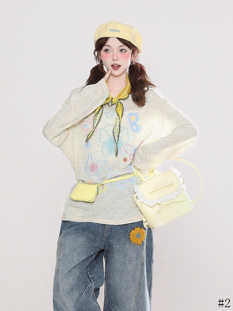 Long Top Embroidery Sleeve Semi-Sheer White/Yellow and Print Butterfly with