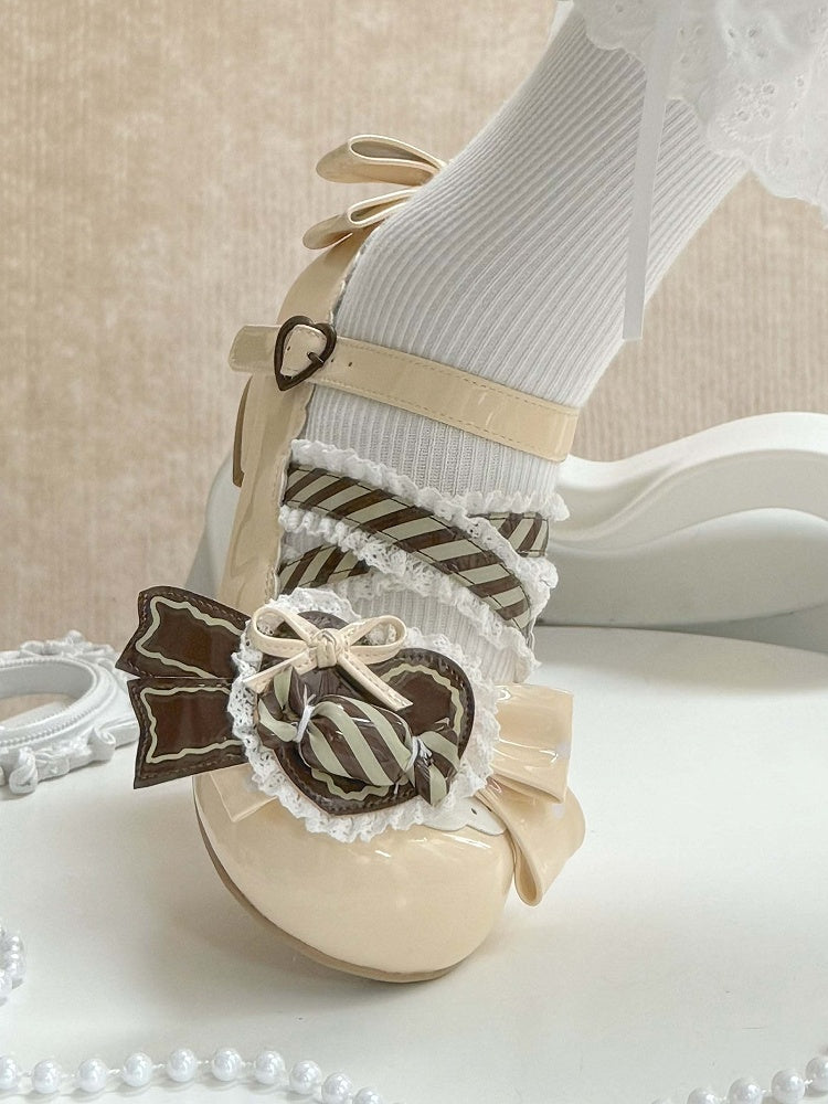 Lolita PU Mary Clip Heart Brown Leather Yellow Low-heel Janes - Candy in Sweet