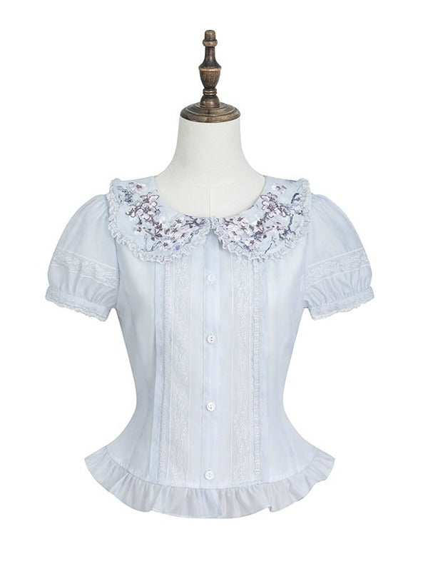 Purple & Blue Short Sleeve Peter Pan Collar Floral Embroidery Blouse with Fitted Waist - Yimu Walnut