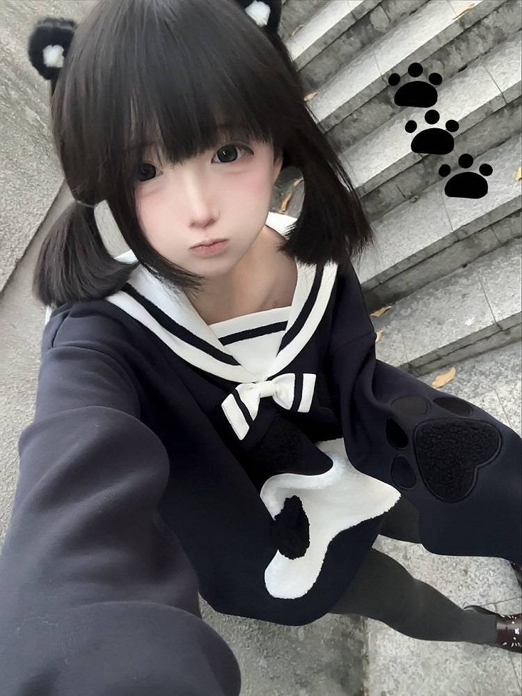 Blue Soft Sailor Adorable Navy Collar with Panda Embroidery Sweatshirt