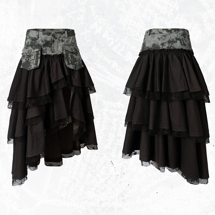 Dark Tiered Aesthetic Blackish-Green with Leather Punk Skirt