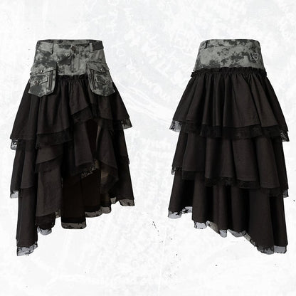 Dark Tiered Aesthetic Blackish-Green with Leather Punk Skirt