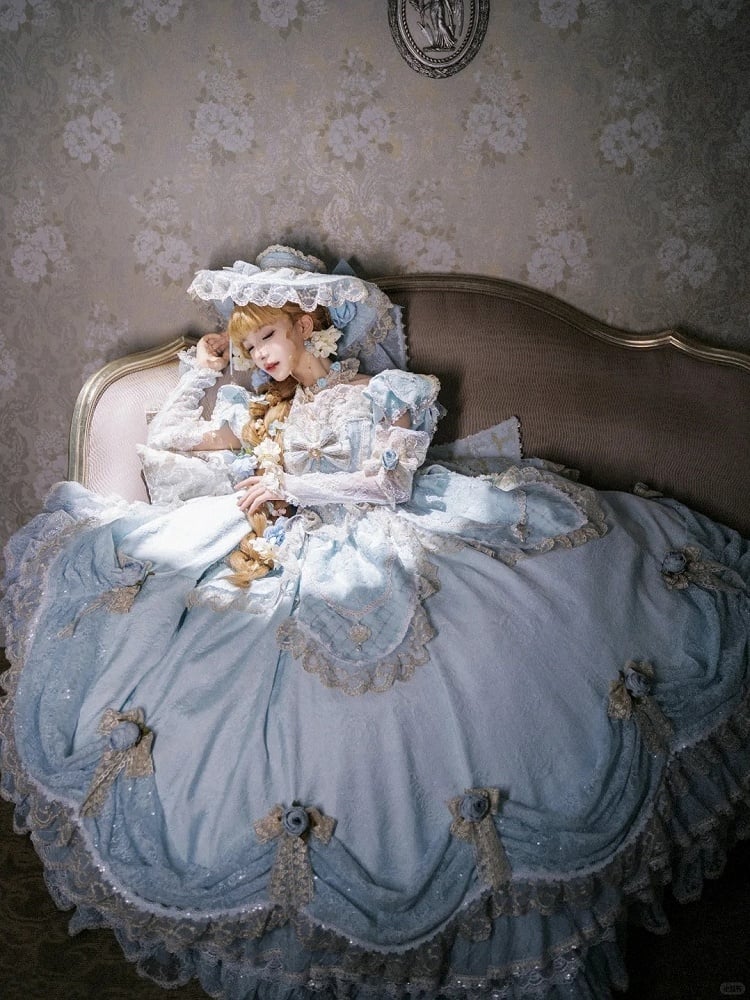 Light Blue Off-Shoulder Hime Lolita Gown - Layered Lace Princess Dress