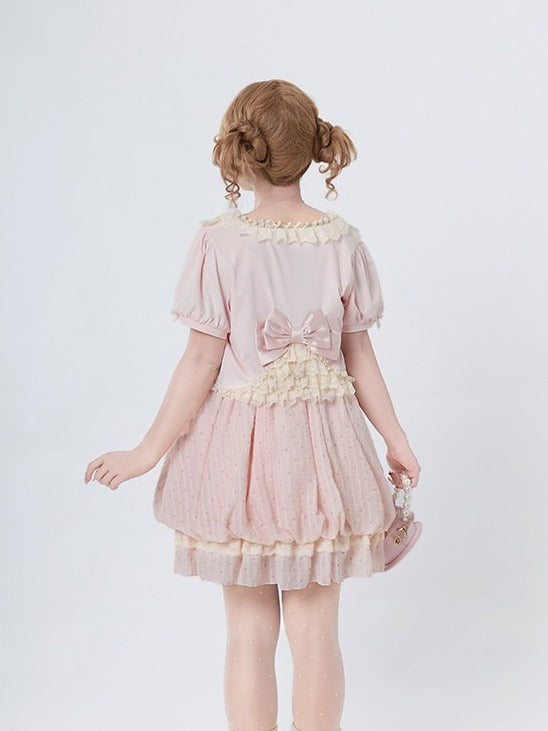 Pink Bow Polka Dot Sleeveless Bubble Dress with Lace - Tan Tuan